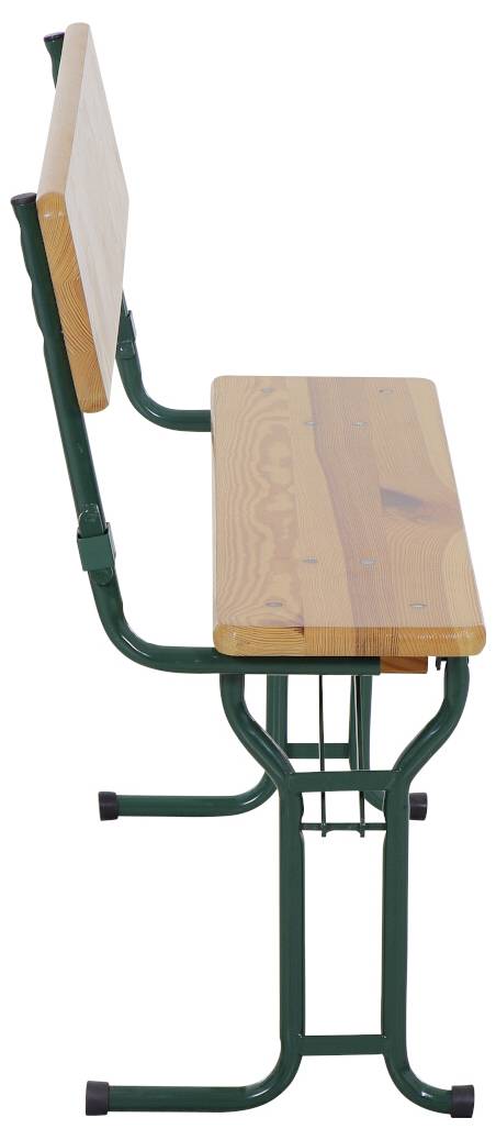 Klassische Holzbierbank mit grüner Metallstruktur, seitliche Ansicht.