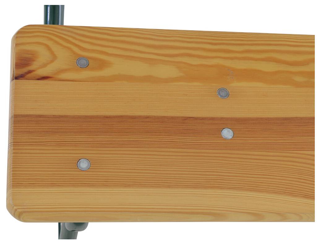 Holz-Sitzfläche mit abgerundeten Ecken und silbernen Schraubenköpfen, zeigt die Detailansicht eines Möbelstücks.