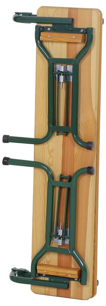 Kompakter, zusammenklappbarer Holztisch mit grünen Metallbeinen. Geeignet für platzsparende Lagerung und vielseitigen Einsatz.