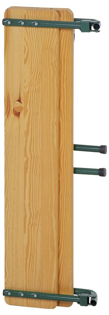 Holzplanke mit Metallbeschlägen an den Enden und drei herausragenden Metallhaken auf der rechten Seite. Ideal zum Aufhängen oder Montieren.