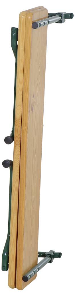 Zusammengeklappte Holzbank mit Metallbeinen, an einer Wand montiert. Geeignet für platzsparende Lagerung in Innen- oder Außenbereichen.