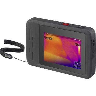 Handheld-Wärmebildkamera mit Display, das ein Wärmebild in Rot-, Orange- und Gelbtönen zeigt. Temperaturangabe: 24,4°C.