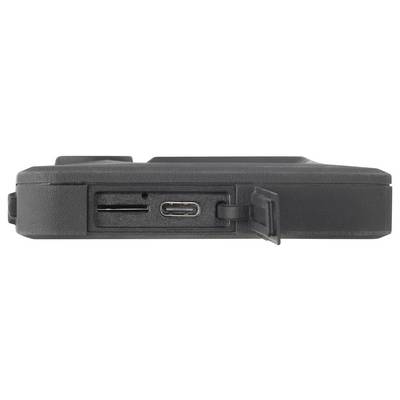 Ein digitales Gerät mit offenem Fach zeigt einen Speicherkartensteckplatz und einen USB-C-Anschluss, beide bereit für externe Verbindungen.