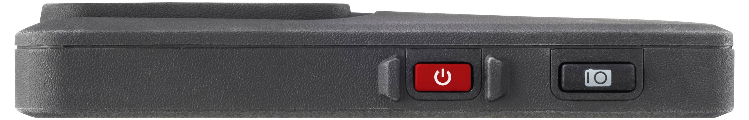 Kameragehäuse von der Seite mit rotem Ein-/Ausschalter und Auslöserknopf.