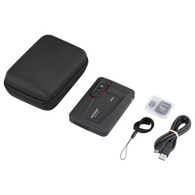 Tragbare Kamera mit Zubehör: eine Schutzhülle, ein USB-Kabel, ein Mikro-SD-Adapter mit Karte und eine Halteschlaufe.