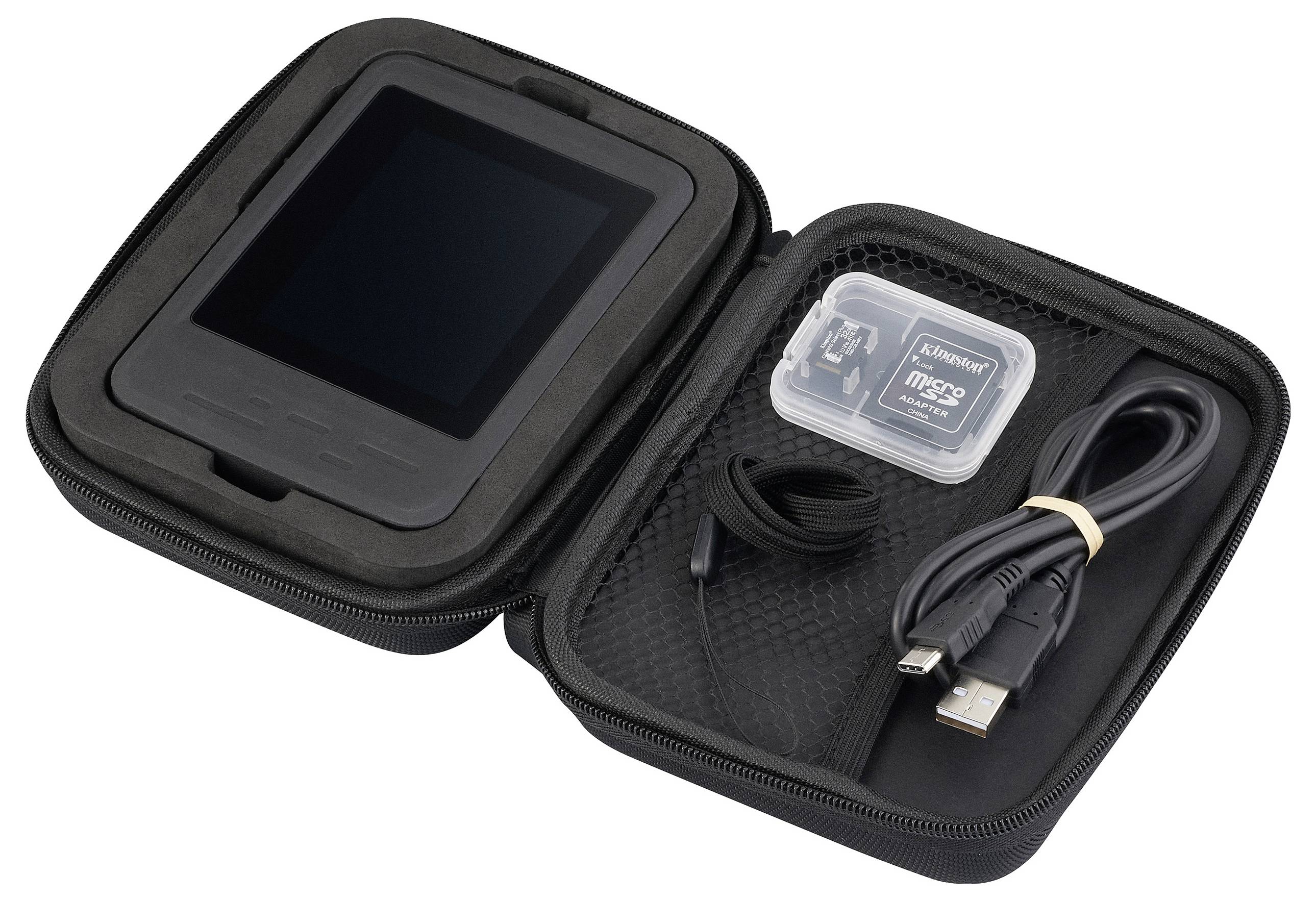 Tragetasche mit digitalem Gerät, SD-Kartenadapter und USB-Kabel. Ideal für den Transport und Schutz elektronischer Geräte und Zubehör.