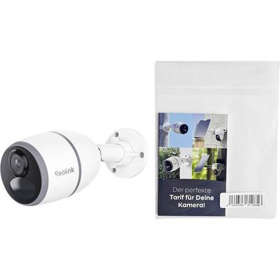Eine Reolink-Sicherheitskamera ist an einer Wand montiert. Daneben befindet sich eine Produktverpackung mit Bildern verschiedener Kameraaufstellungen und dem Text "Der perfekte Tarif für Deine Kamera!".