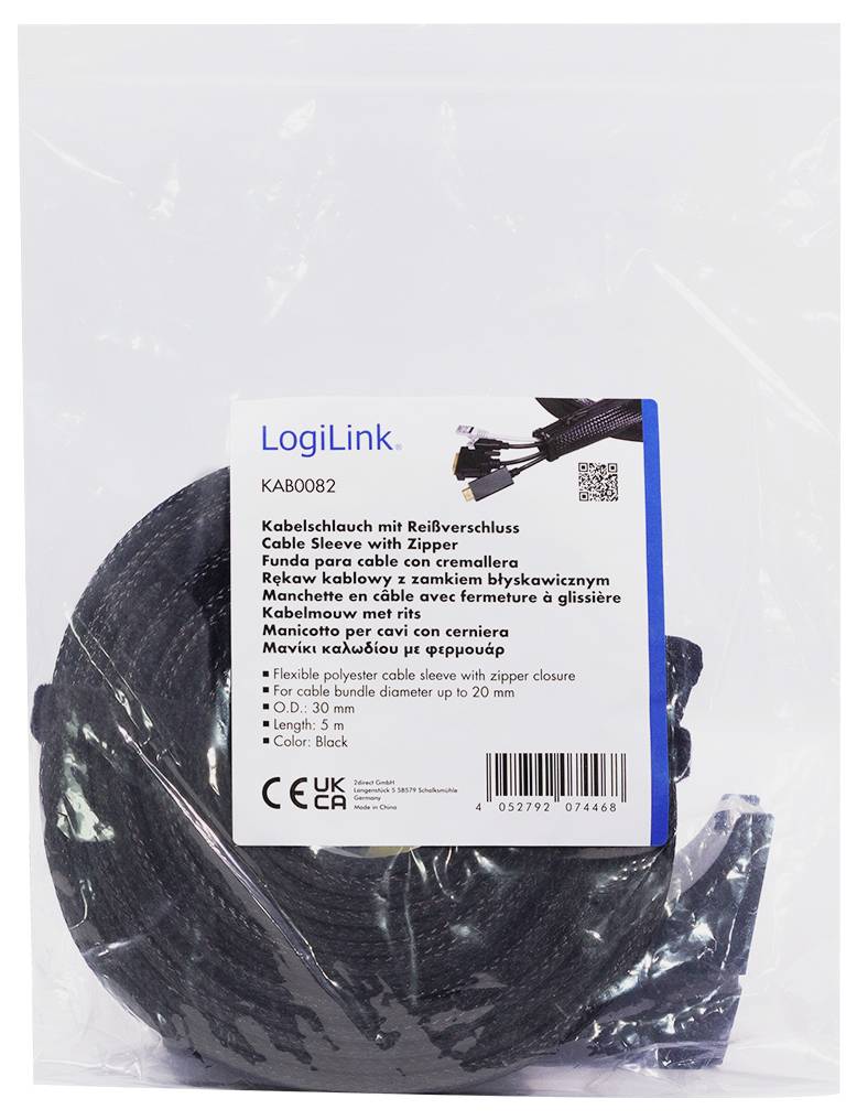 'LogiLink Kabelschlauch mit Reißverschluss, schwarz, Länge 3 m, Durchmesser 30 mm. Verpackt in durchsichtiger Plastikfolie.'