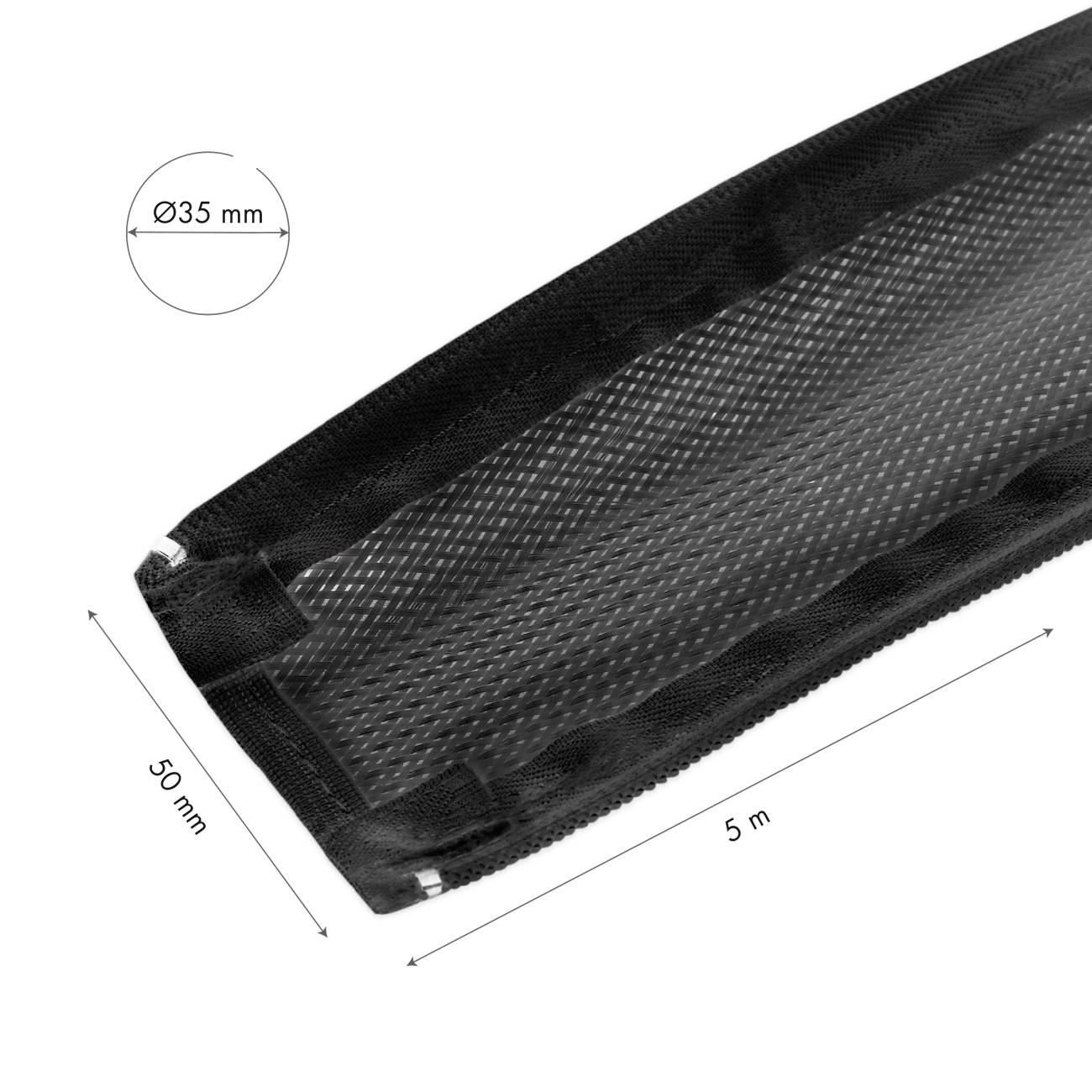 'Staubdichtes Netz' - Schwarzes, grobmaschiges Material zeigen Maßen: Länge 5 m, Öffnung 50 mm, Durchmesser 35 mm.