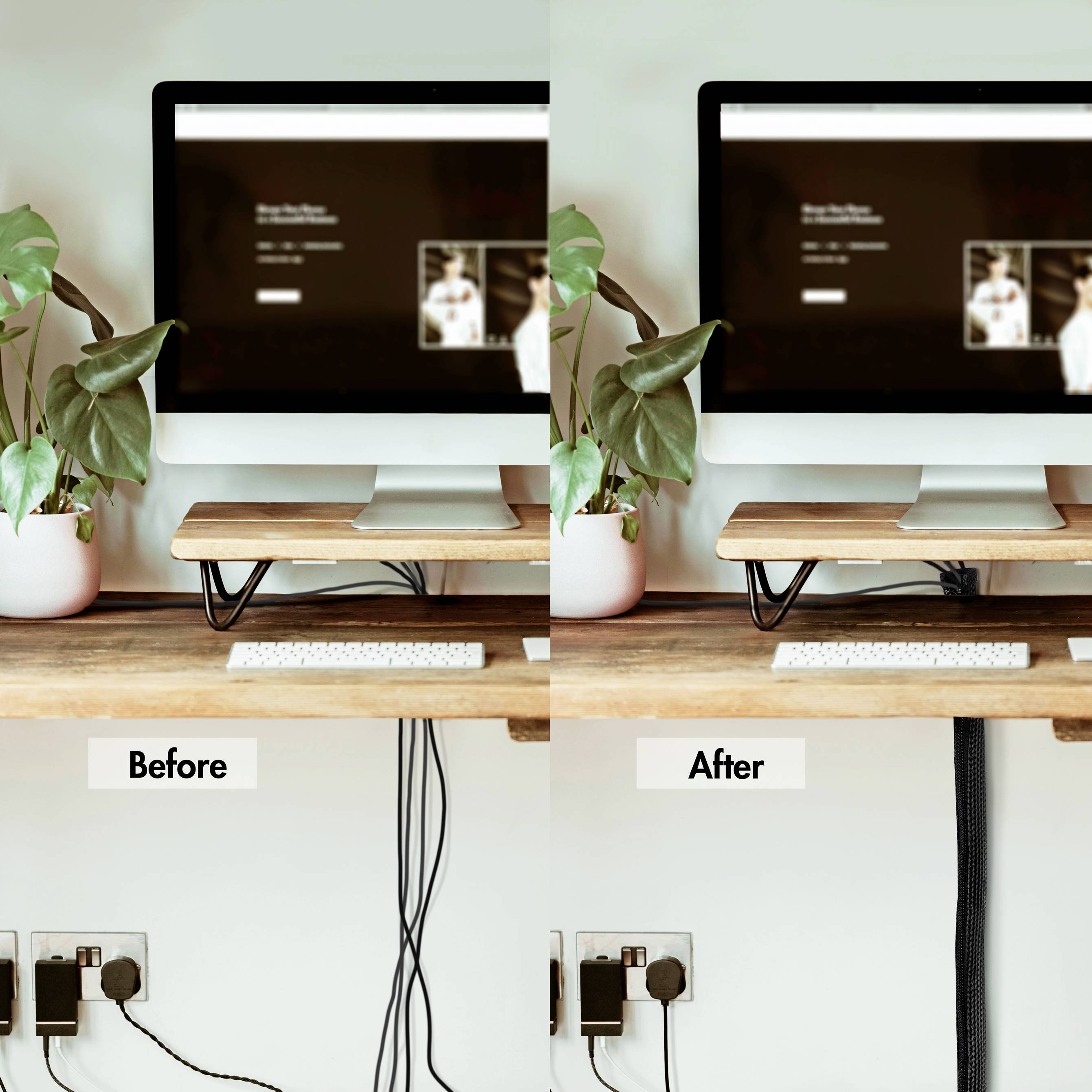 Zwei Fotos nebeneinander zeigen einen Schreibtisch mit Computer; links ist das Kabelchaos sichtbar, rechts sind die Kabel ordentlich.