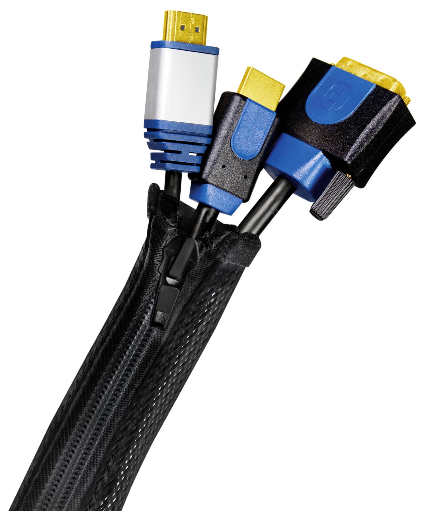 'Drei Kabel, darunter ein HDMI- und ein VGA-Stecker, in einem schwarzen Kabelmanagementschlauch mit Reißverschluss.'