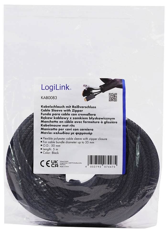 'LogiLink Kabelschlauch mit Reißverschluss. Ideal für Kabel bis 35 mm Durchmesser. Länge: 5 m. Farbe: Schwarz.' Verpackungsbild.