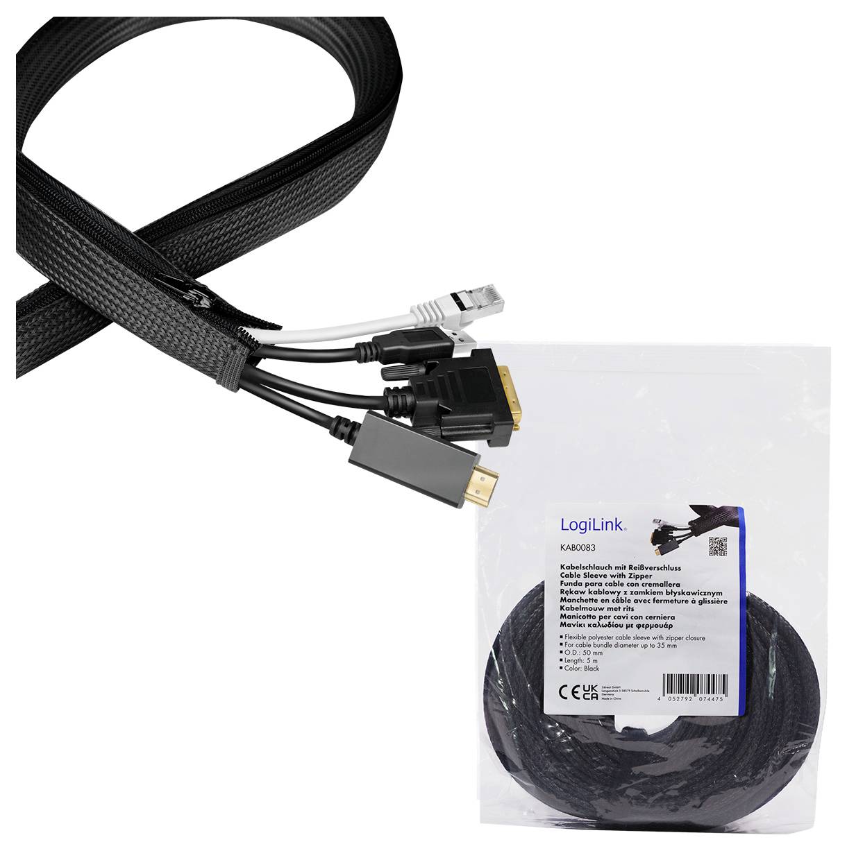 'LogiLink' Kabelschlauch und Kabelmanagement-Set zum Organisieren und Verbergen von Kabeln. Bild zeigt Anwendung mit verschiedenen Kabeltypen. Verpackung inklusive.