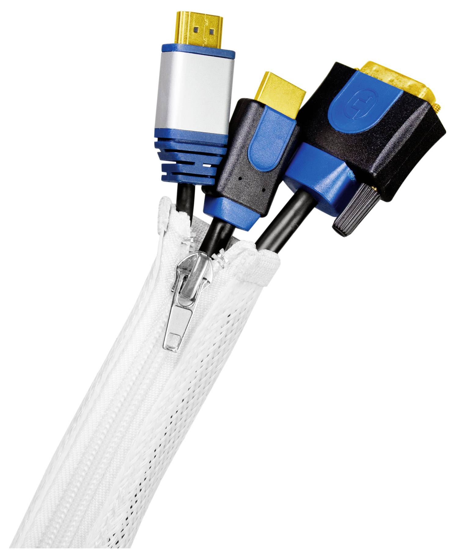 Drei verschiedene Kabeltypen (HDMI, USB, VGA) sind in einem weißen Kabelschlauch mit Reißverschluss gebündelt.