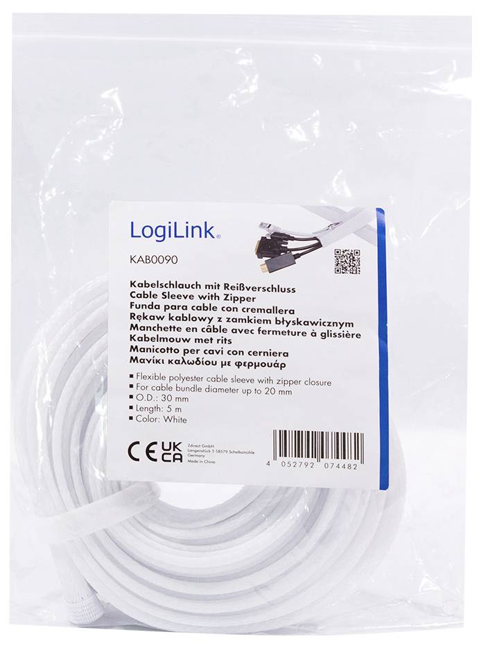 'LogiLink Kabelschlauch mit Reißverschluss, Länge: 3 m, Weiß. Zum Bündeln von Kabeln. Artikelnummer: KAB0090.'