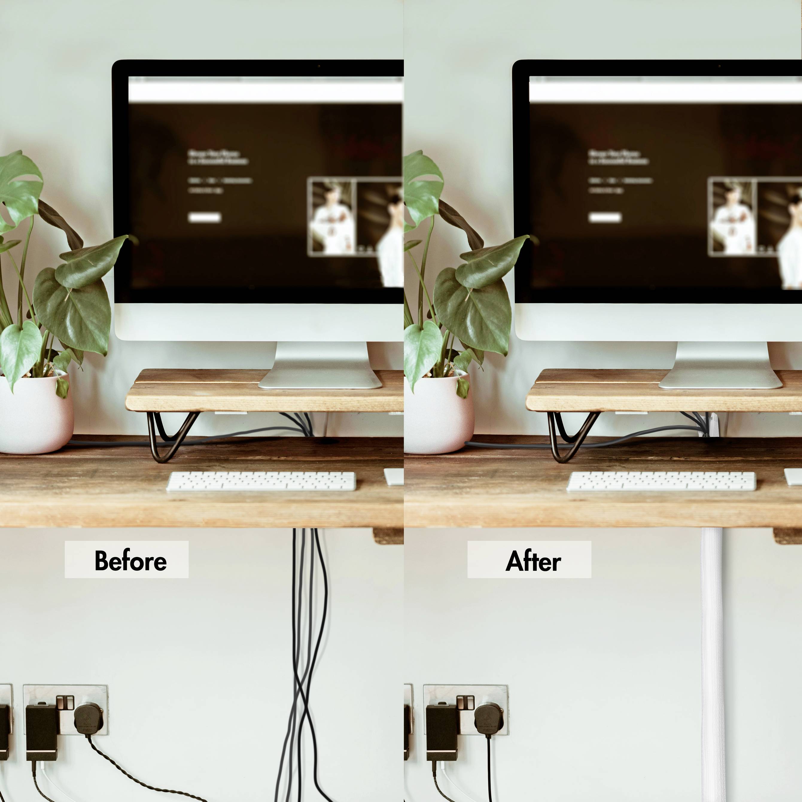 Vorher-Nachher-Bild von einem Schreibtischbereich: Links unordentliche Kabel, rechts sauber organisiert, mit Pflanzen und Monitor.