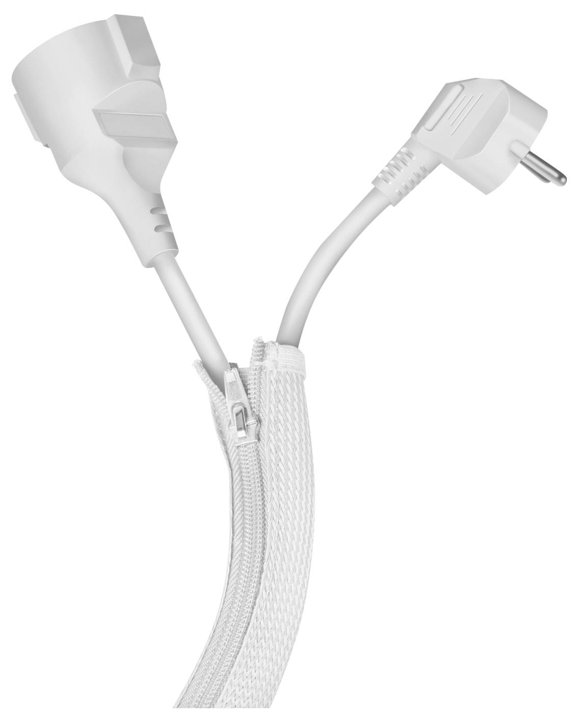Ein weißes Verlängerungskabel steckt in einer weißen Kabeltasche mit Reißverschluss, teilt sich in zwei Stecker; Konzept für Ordnung.