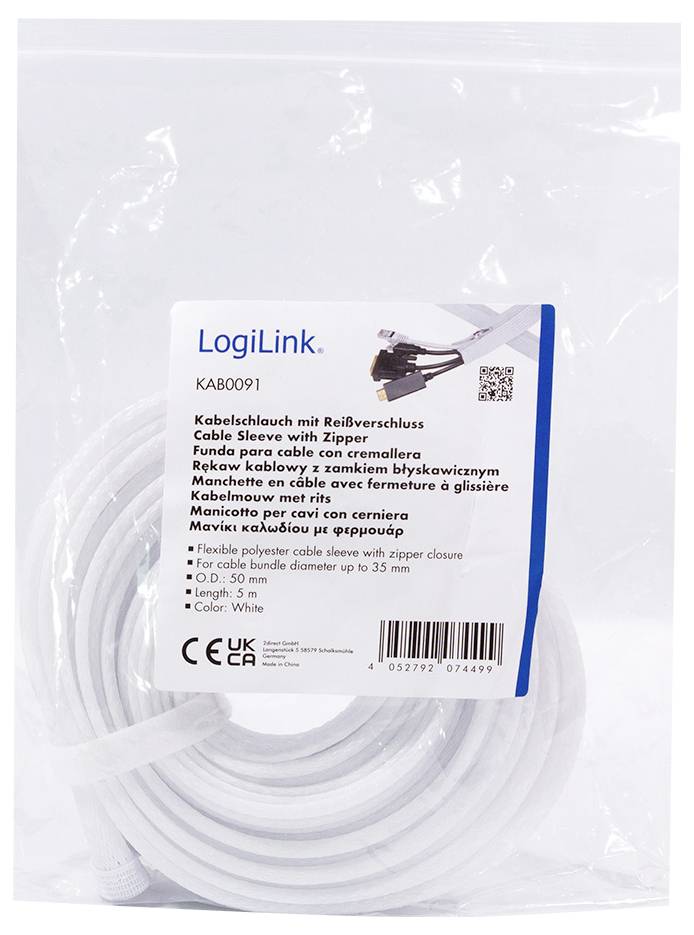 'LogiLink Kabelschlauch mit Reißverschluss, 5m. Für Kabel bis 35mm geeignet.' Weiße Verpackung zeigt Kabelschlauch und Produktdetails.