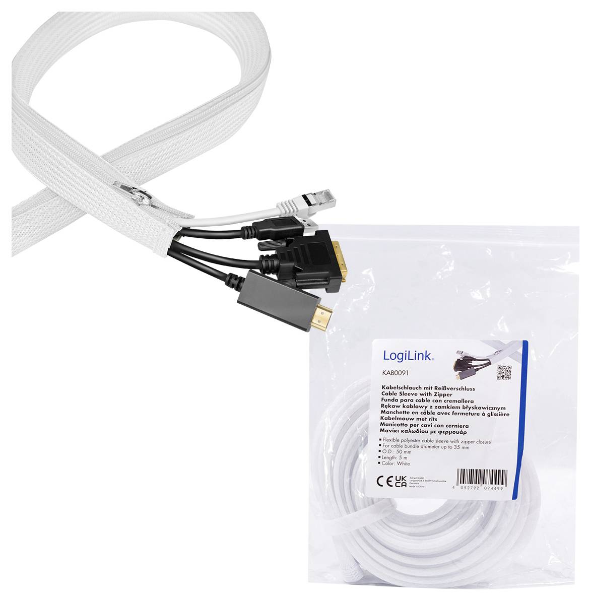 Weißer Kabelschlauch mit mehreren Anschlüssen (HDMI, VGA, USB) in der Verpackung mit der Aufschrift 'LogiLink Kabelschlauch'.