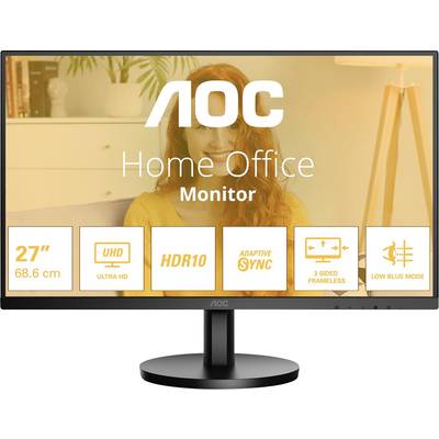 AOC Home Office Monitor mit 27 Zoll Bildschirm. Features: UHD, HDR10, Adaptive Sync, 3-seitiges frameless Design, Low Blue Mode.