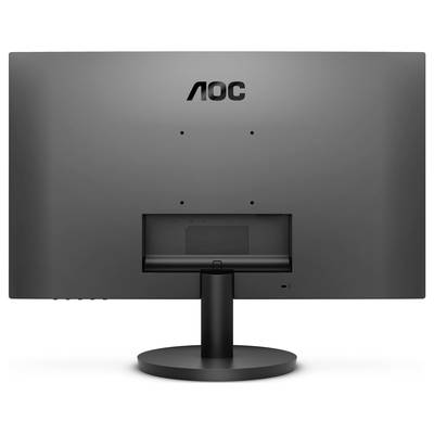 Ein schwarzer Monitor der Marke AOC von hinten, auf einem runden Standfuß, ohne sichtbare Anschlüsse oder Kabel.