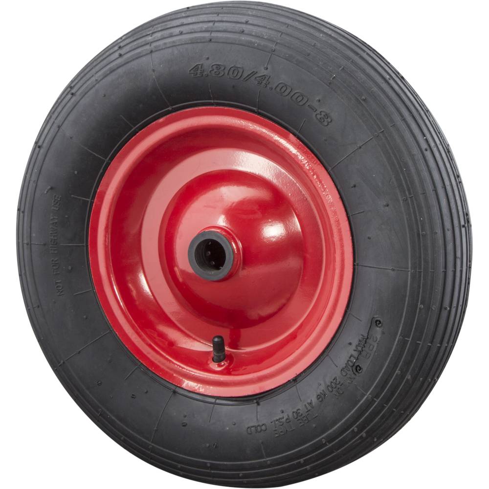 Rotes Radlager mit schwarzem Reifen. Geeignet für Schubkarren und ähnliche Geräte. Maße auf Reifen: '4.80/4.00-8'.