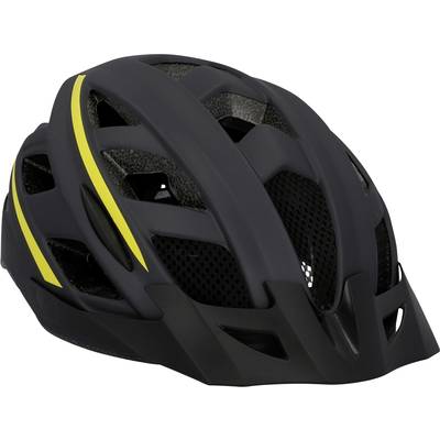 Schwarzer Fahrradhelm mit gelbem Streifen, belüftet für Sicherheit und Komfort beim Radfahren.