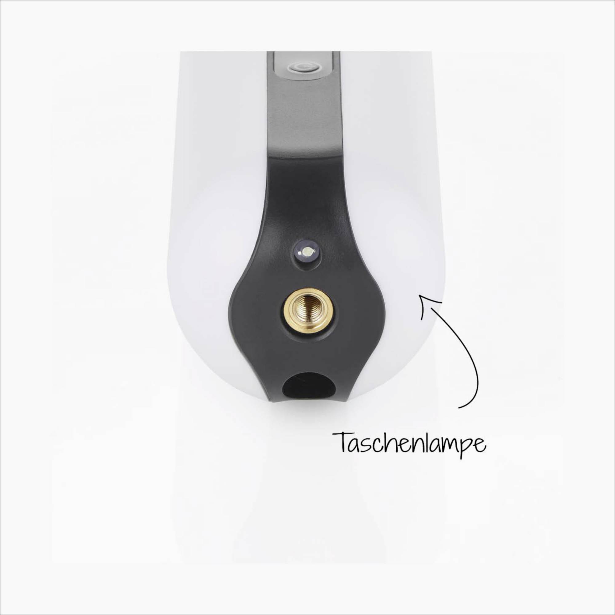 Taschenlampenansicht mit schwarzer Vorderseite und Linse in der Mitte. Text 'Taschenlampe' verweist auf das Objekt im Bild.