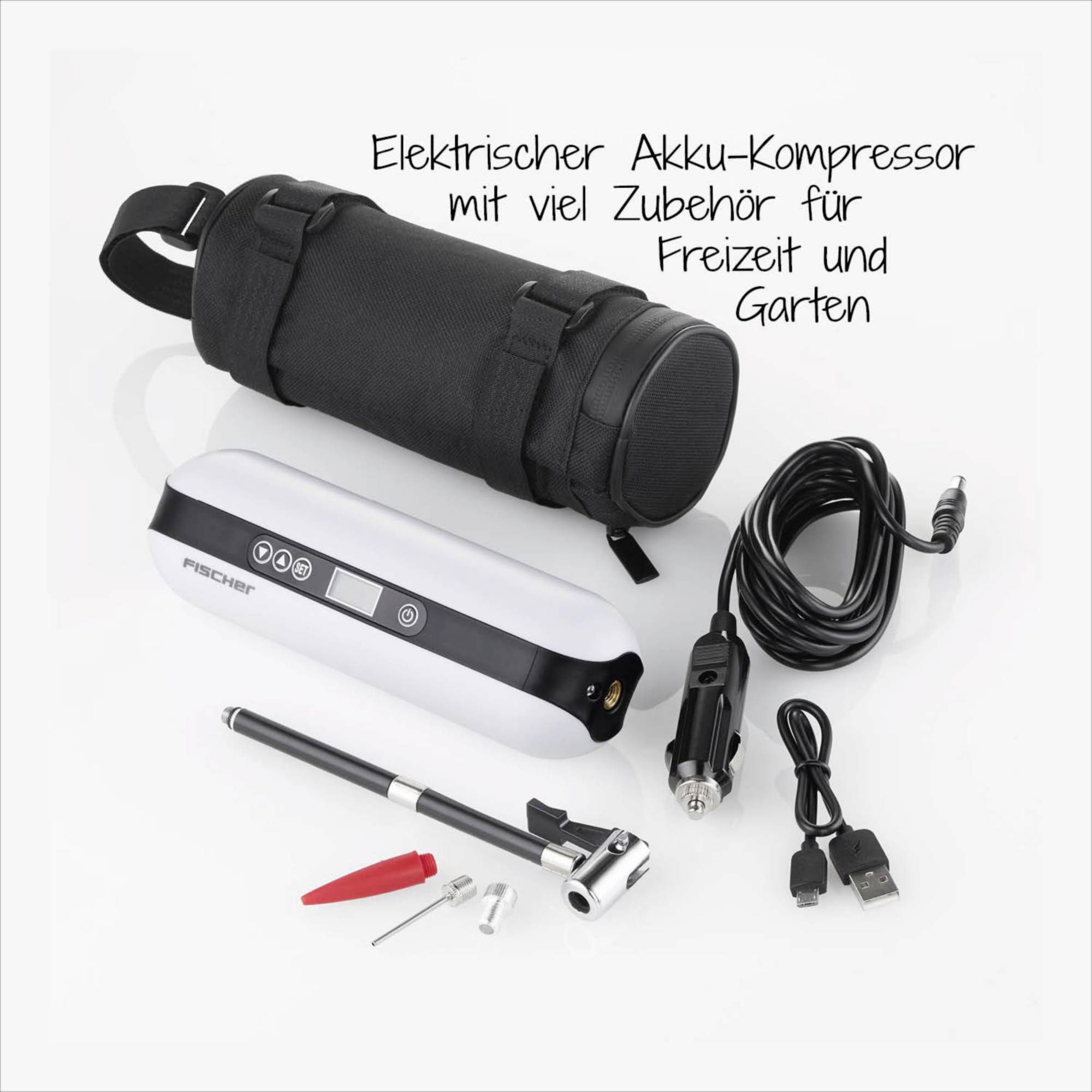 Elektrischer Akku-Kompressor mit Zubehör: Tasche, Kabel, Ventiladapter; ideal für Freizeit und Garten.
