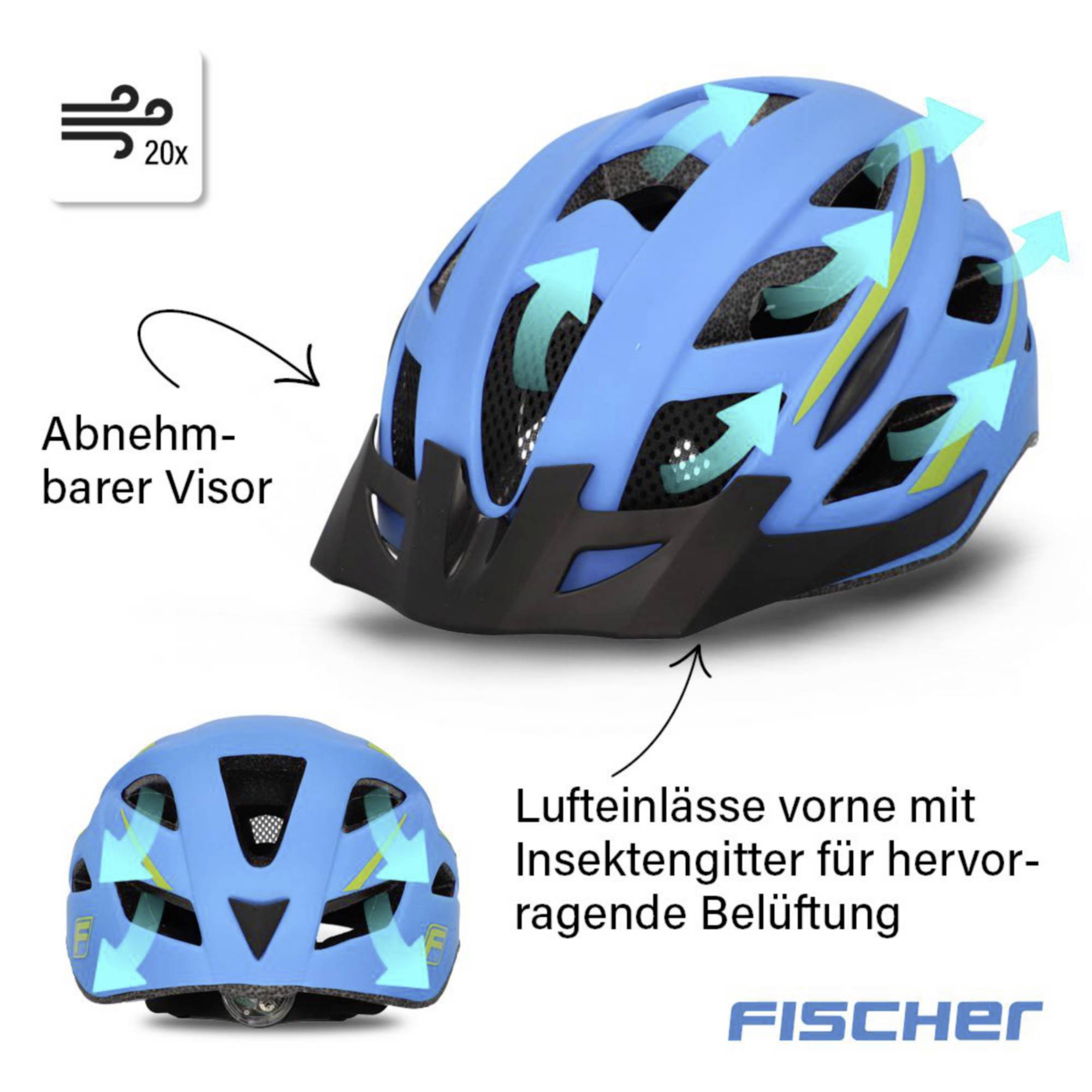 Ein blauer Fahrradhelm mit abnehmbarem Visier, 20 Belüftungsöffnungen und Insektengitter für optimale Belüftung.