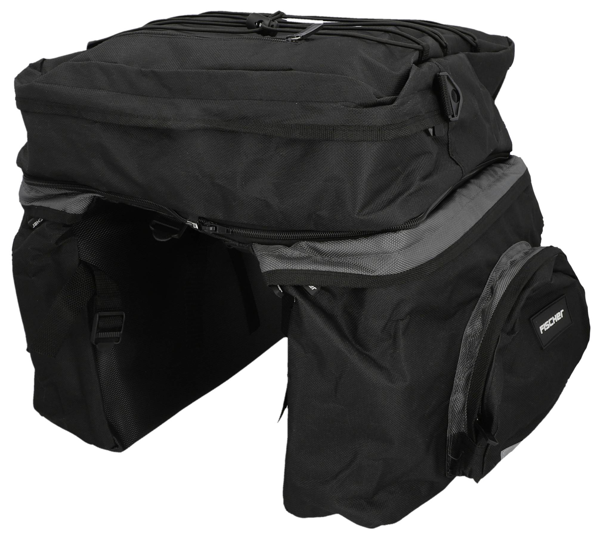 Schwarze Fahrradtasche mit mehreren Fächern und Reißverschlüssen, geeignet für den Gepäckträger, bietet viel Stauraum.