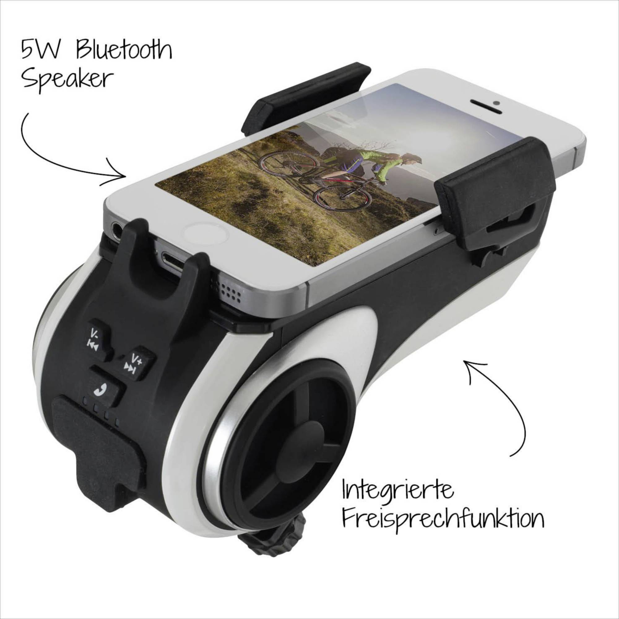 Smartphone-Halterung mit integriertem 5W Bluetooth-Lautsprecher und Freisprechfunktion, angebracht an einem Fahrradlenker.
