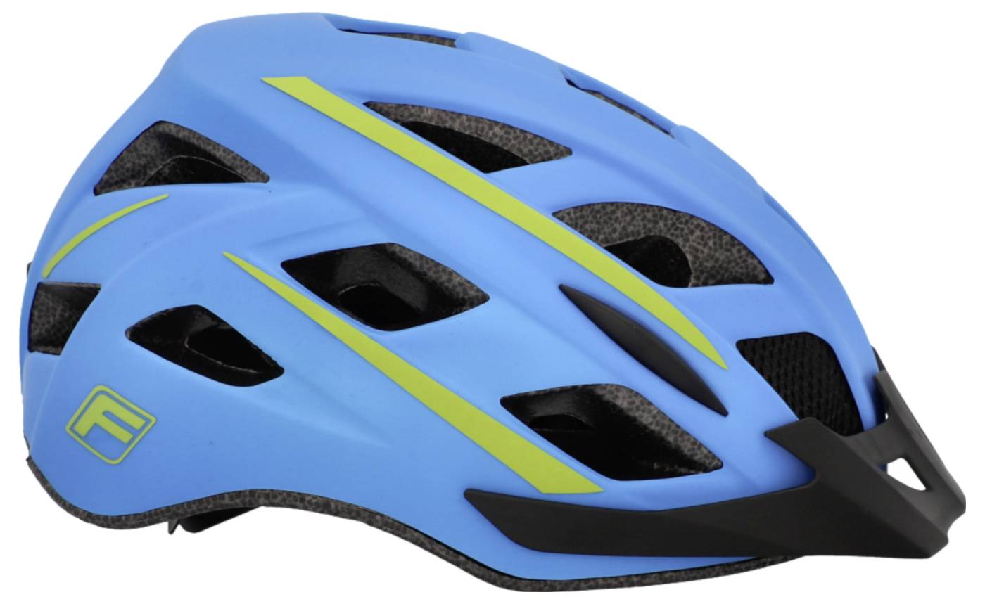 Blauer Fahrradhelm mit grünen Streifen und Lüftungsschlitzen, seitliche Ansicht. Ideal für Sicherheit beim Radfahren.
