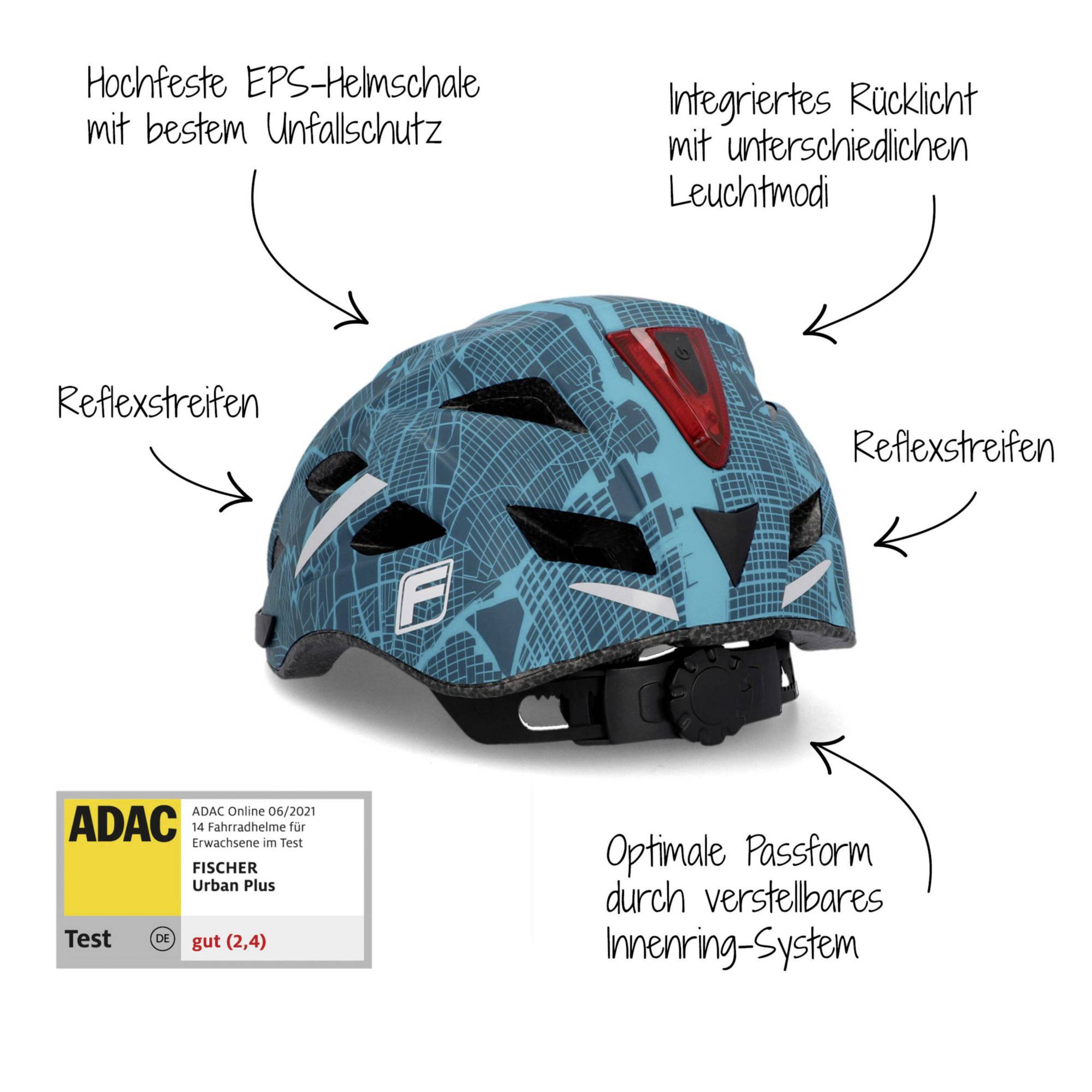 Hochfester Fahrradhelm mit EPS-Schale, Reflexstreifen und Leuchtmodus. ADAC-Testurteil 'gut (2,4)'. Optimale Passform durch verstellbares System.