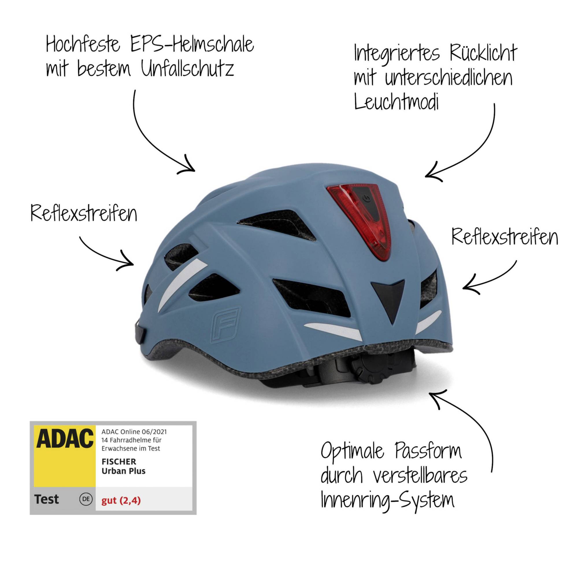 Fahrradhelm mit EPS-Schale, Rücklicht, Reflexstreifen und anpassbarem Innensystem. ADAC-Testnote: gut (2,4).