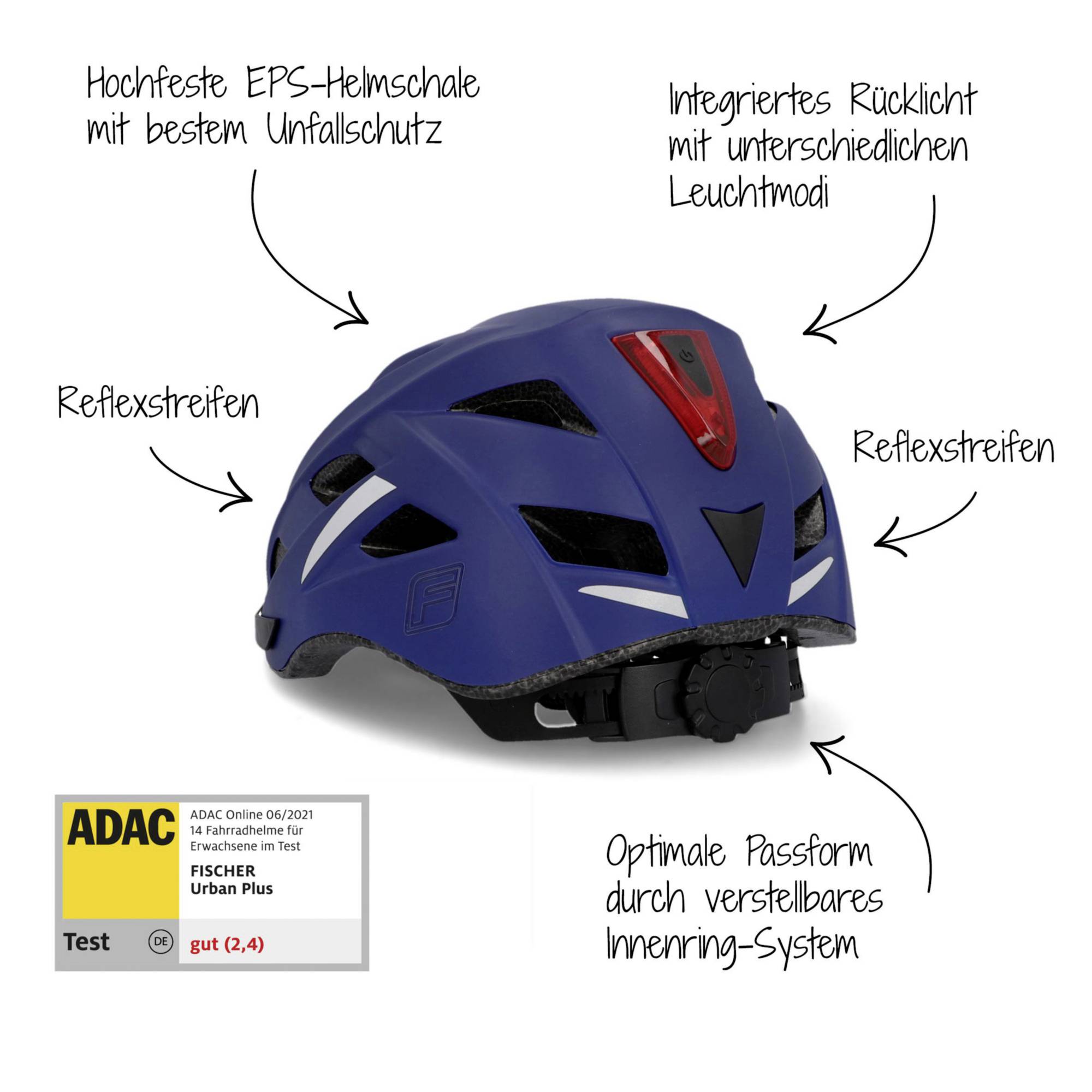 Radhelm in Blau mit integriertem Rücklicht, Reflexstreifen und verstellbarem Innenring für optimale Passform. ADAC-Testurteil 'gut (2,4)'.