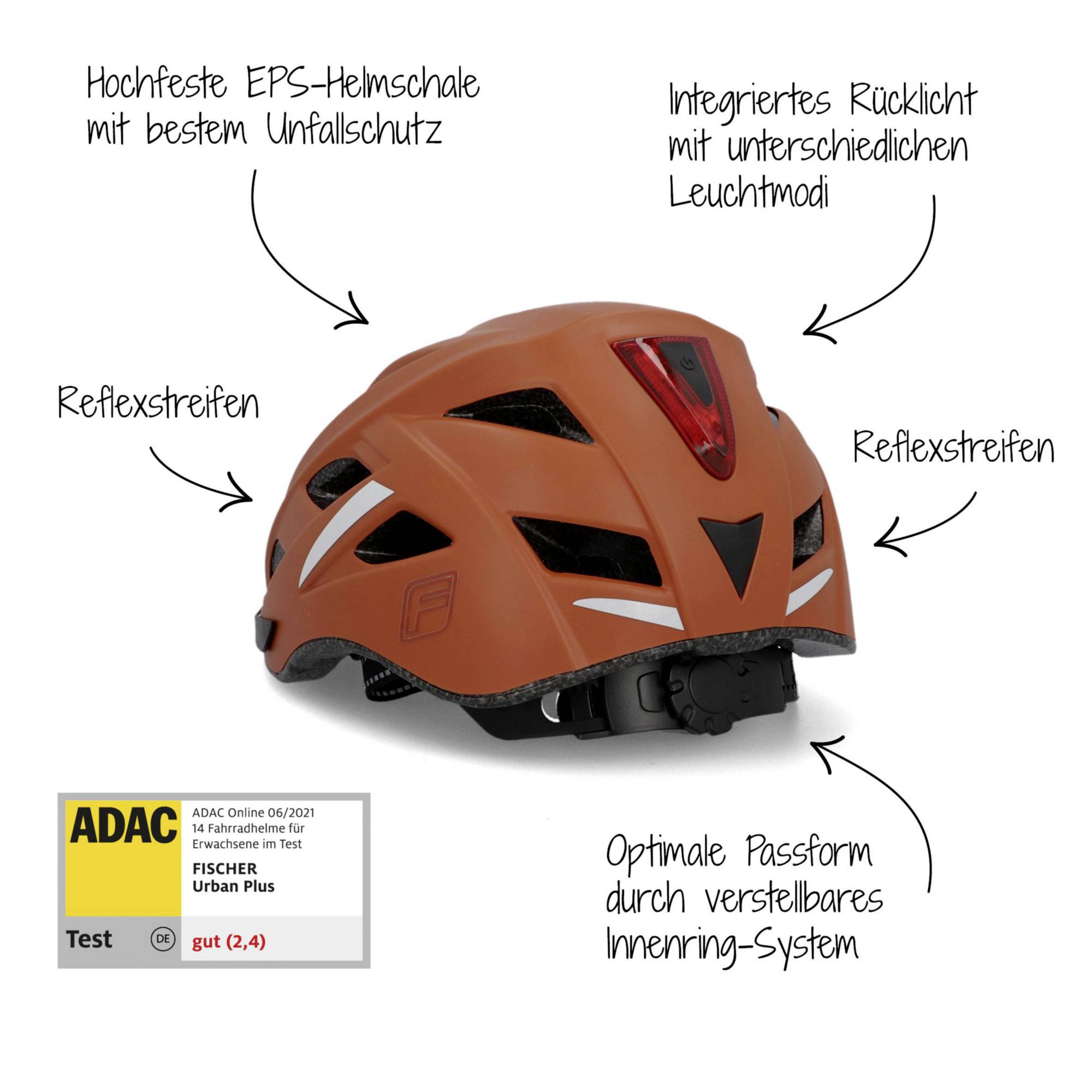 Ein Fahrradhelm mit beschrifteten Details: hochfeste EPS-Schale, integriertes Rücklicht, Reflexstreifen, verstellbare Passform. ADAC-Testnote: gut (2,4).