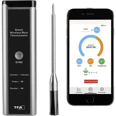 Smartes, kabelloses Fleischthermometer mit mobilem Display. Zeigt Kerntemperatur, Ziel und Umgebungstemperatur mit Fortschrittsanzeige.