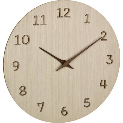 Analoge Holzuhr mit runden Ziffern, zeigt 2:00 Uhr.