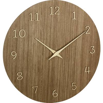 Holzuhr mit ovalem Design, goldenen Zeigern und Zahlen. Zeigt 10:10 Uhr an.