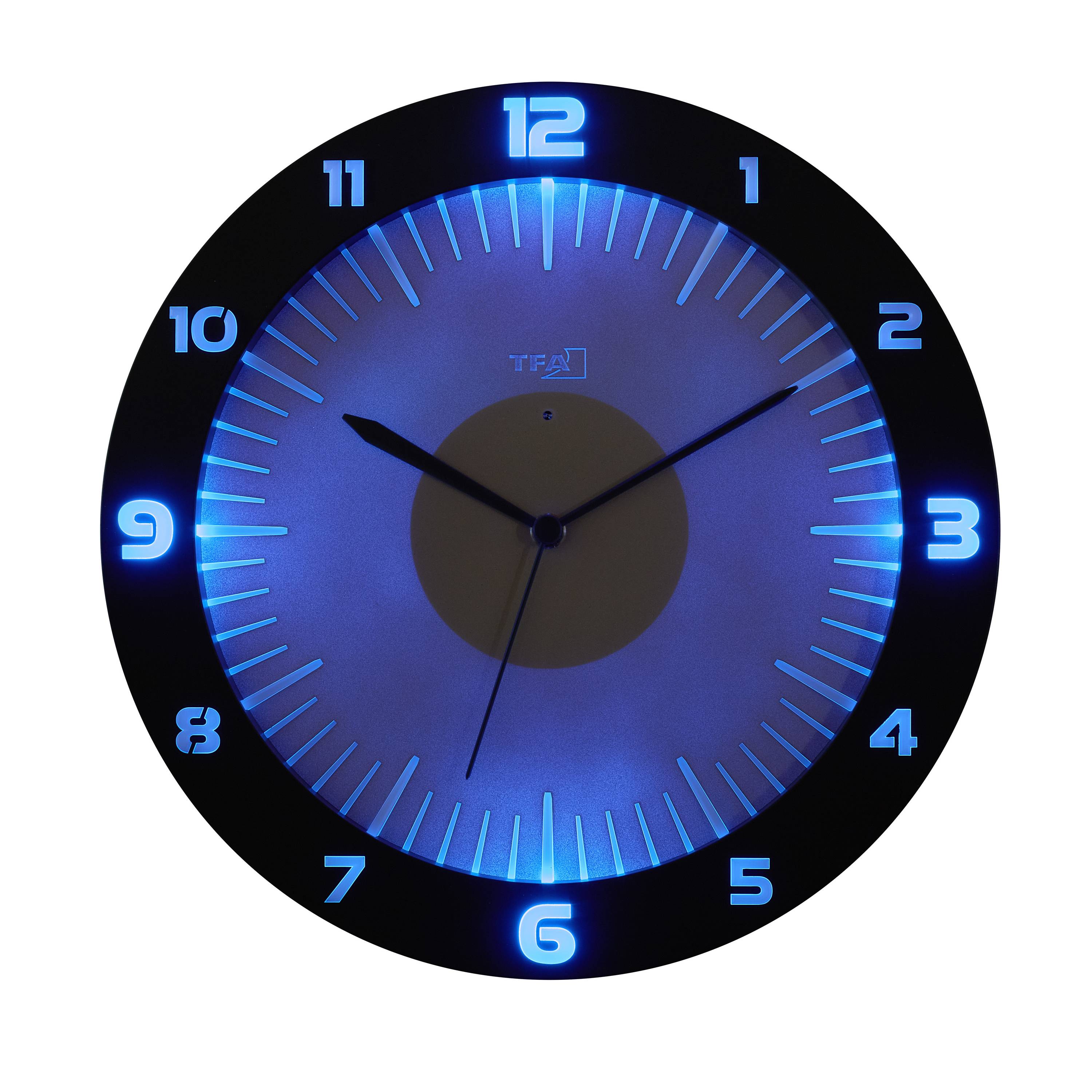 Analoguhr mit leuchtend blauen Zahlen und Zeigern. Zeigt 10:09 Uhr. Hintergrund dunkel, betont das blaue Leuchten.