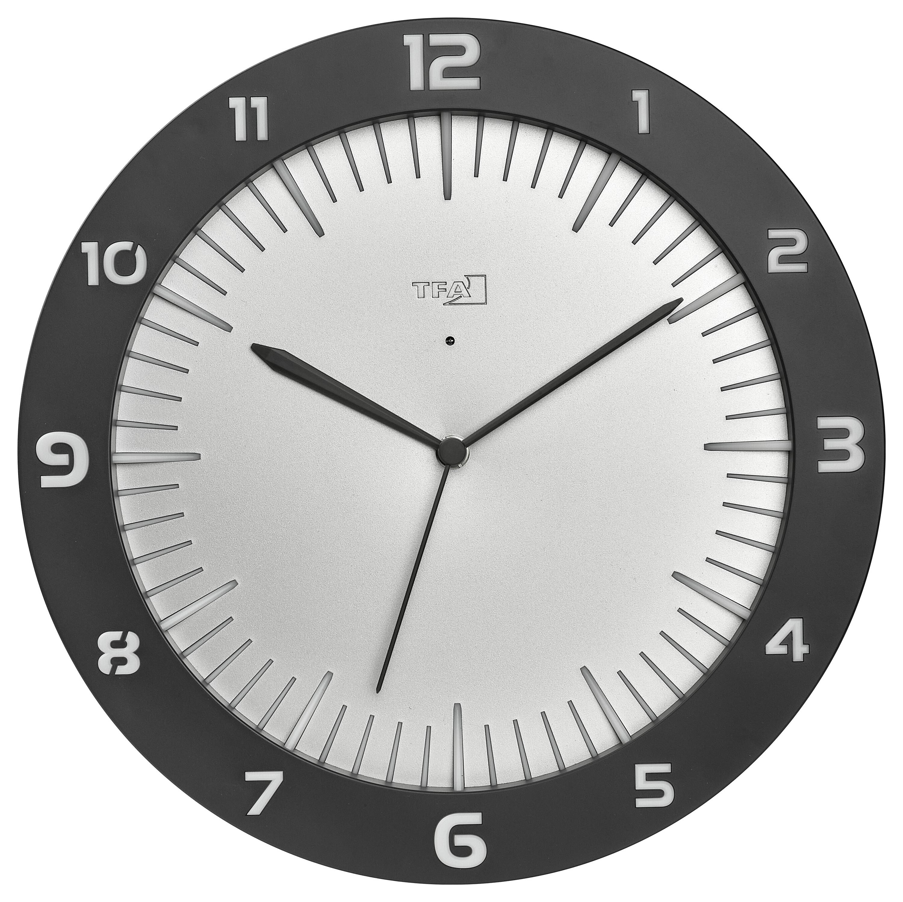 Eine analoge Wanduhr zeigt die Zeit: 10:10 Uhr. Der Rand ist schwarz, das Zifferblatt silbern mit schwarzen Zeigern und Zahlen.