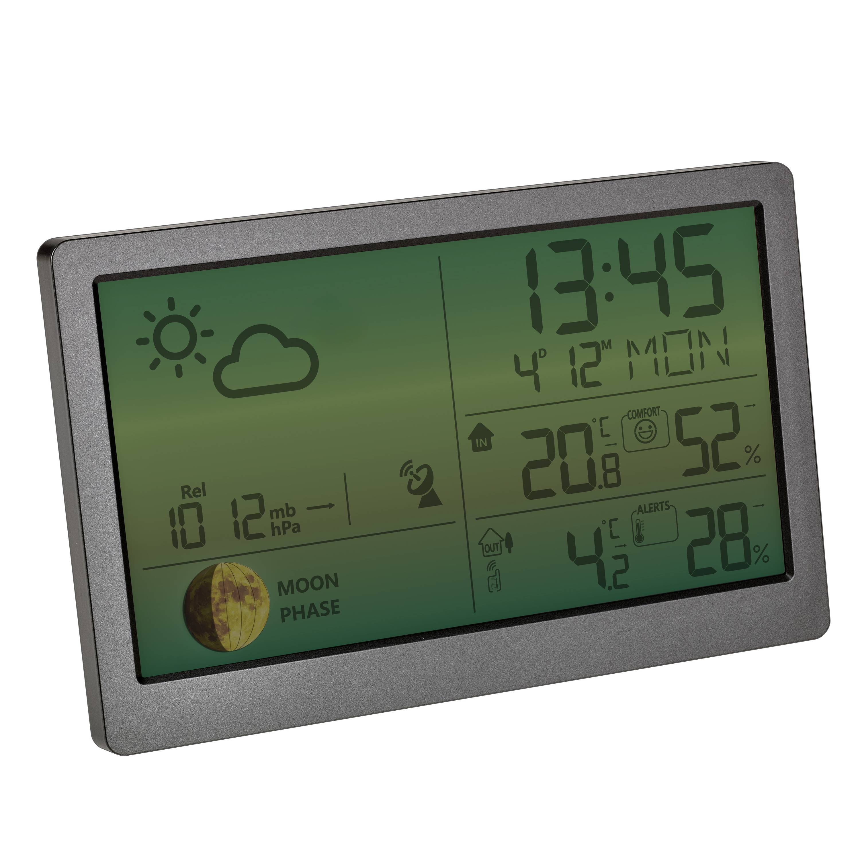 Elektronische Wetterstation zeigt Uhrzeit, Datum, Innen- und Außentemperatur, Luftfeuchtigkeit, Mondphase und Wettervorhersage-Symbole.