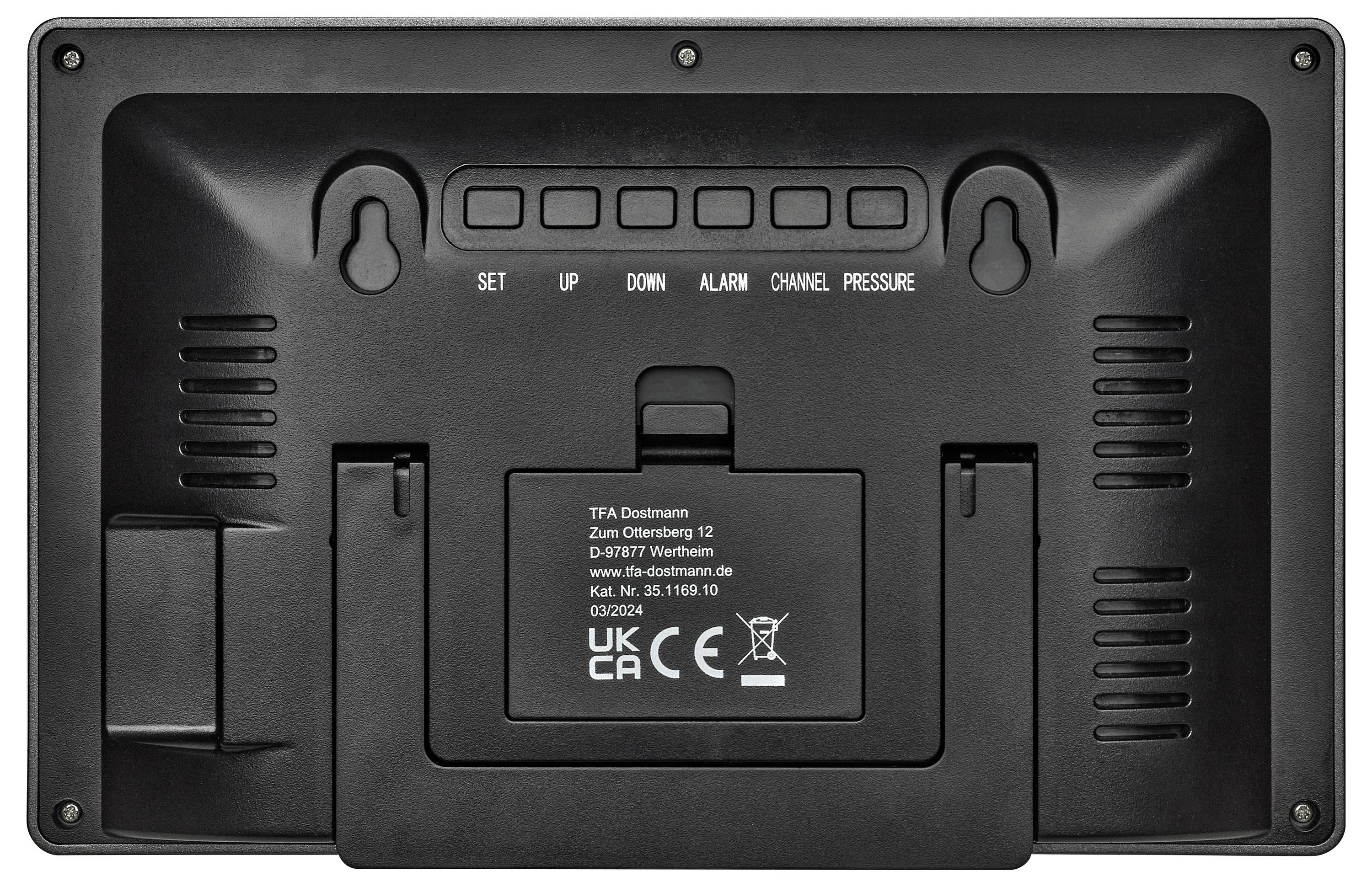 'Rückseite eines elektronischen Geräts mit Bedienfeld und Einstellknöpfen. Markenlogo und Informationen sind sichtbar.'