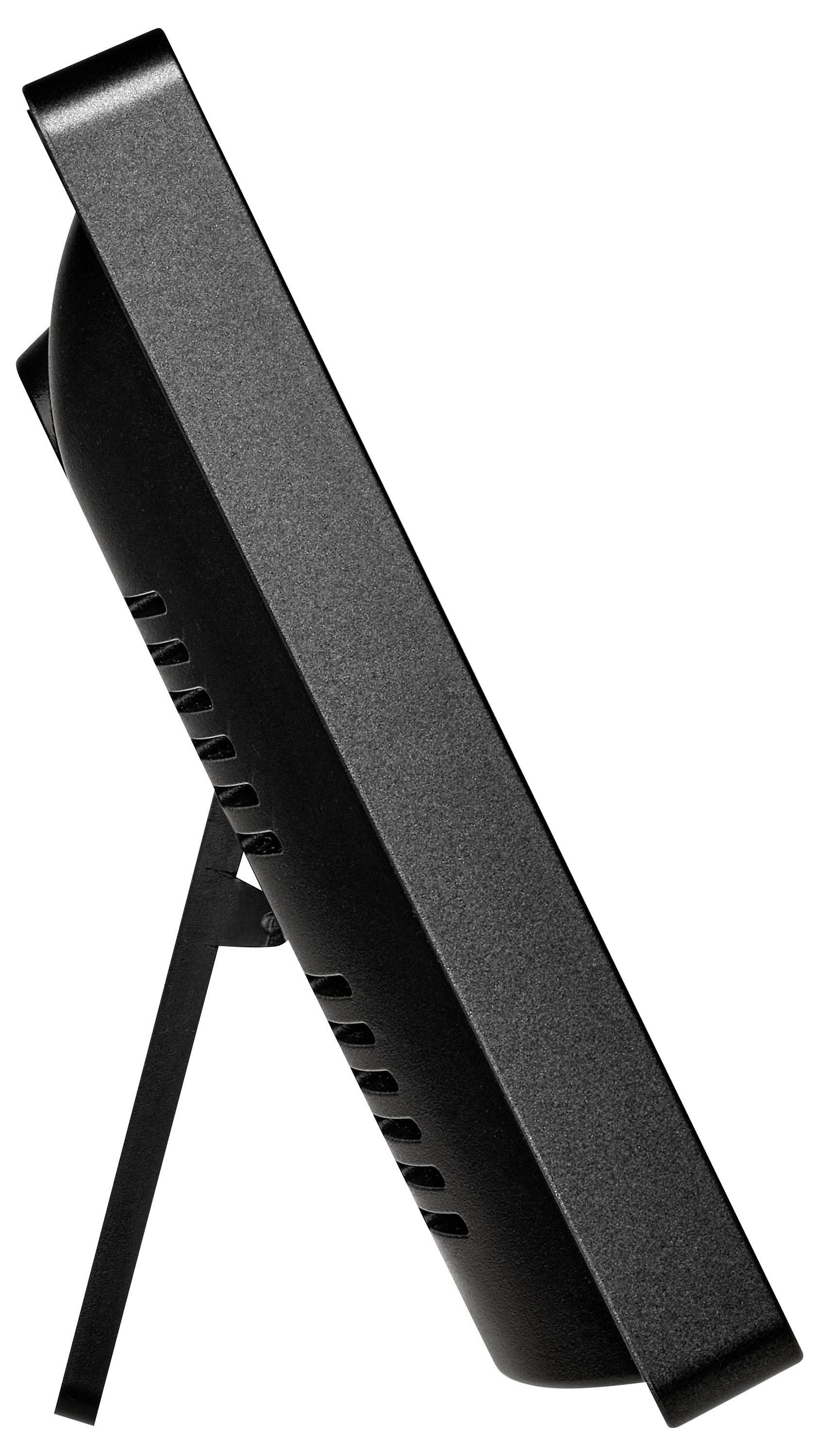 Seitenansicht eines schwarzen digitalen Bilderrahmens mit Standfuß. Der Rahmen ist leicht geneigt und hat Lüftungsschlitze an der Rückseite.