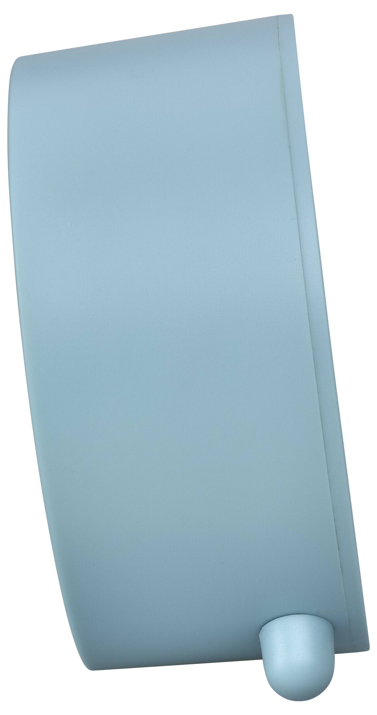 Blaue, runde Wandlampe mit Zylinderform, seitlich betrachtet.