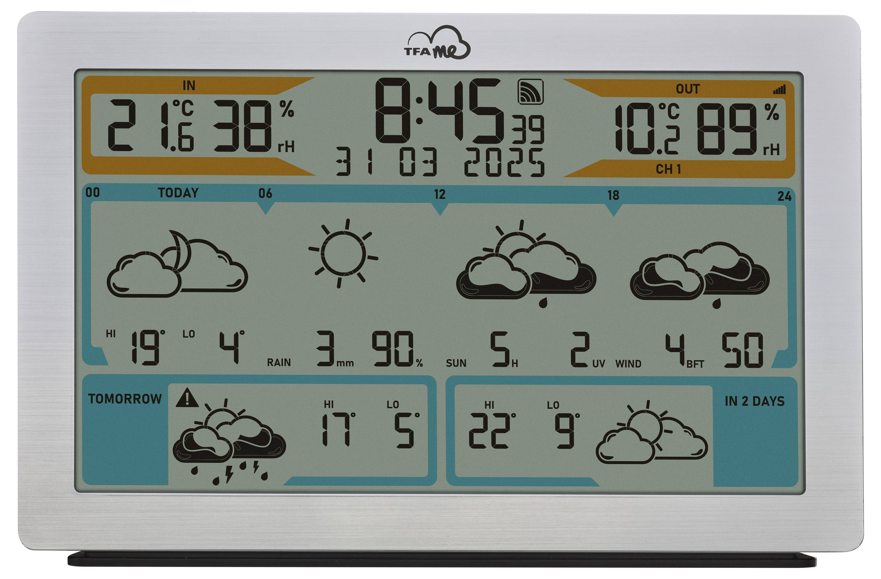 Digitale Wetterstation zeigt: 21,6°C 38% Luftfeuchtigkeit, Uhrzeit 8:45, Datum 31.03.2025. Wettervorhersage mit Sonne und Wolken.