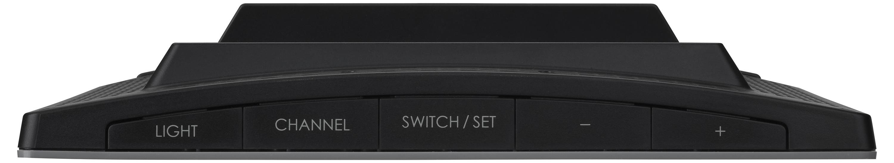 Flache elektronische Fernbedienung mit sechs Tasten: 'Light', 'Channel', 'Switch/Set', Pfeil nach links, Minuszeichen, Pluszeichen.