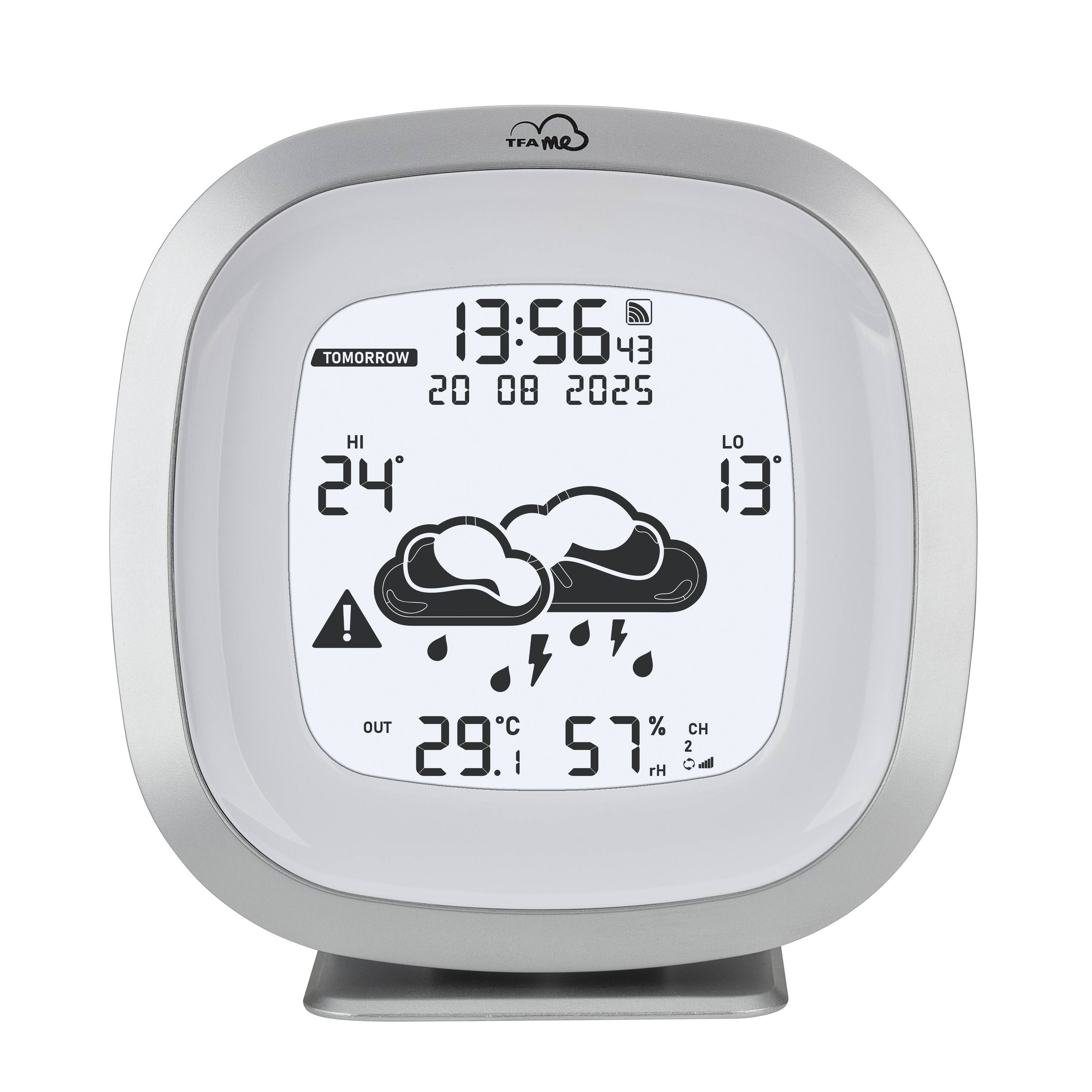 Digitales Thermometer und Wetterstation mit Wettervorhersage. Zeigt Uhrzeit, Datum, Innen- und Außentemperatur, Luftfeuchtigkeit, Wetterwarnung.