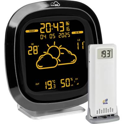 Elektronische Wetterstation mit großem Display zeigt Zeit, Datum und Innen-/Außentemperatur (19,3°C), Wettervorhersage mit Symbolen.
